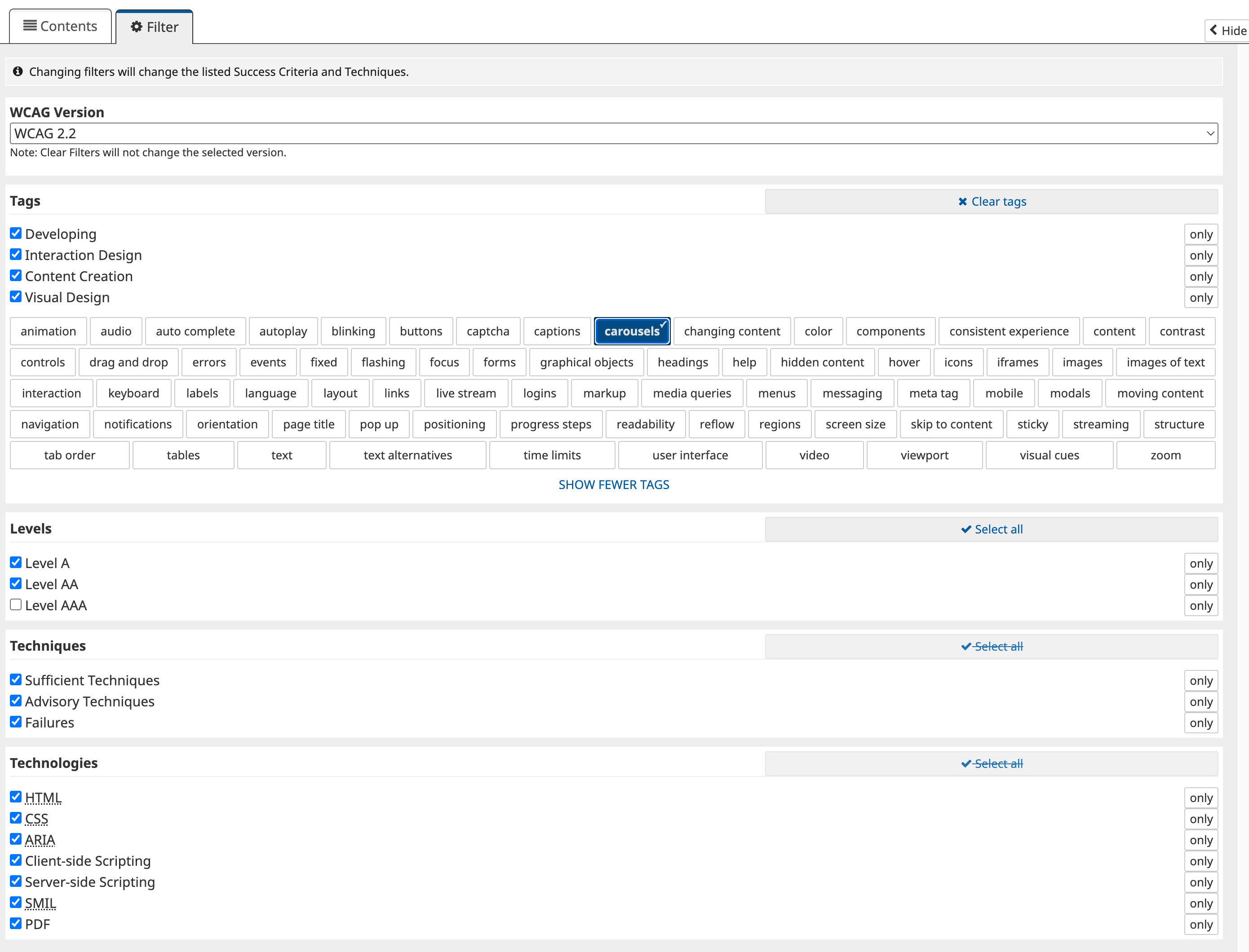 Screenshot of the WCAG Quick Reference Filter